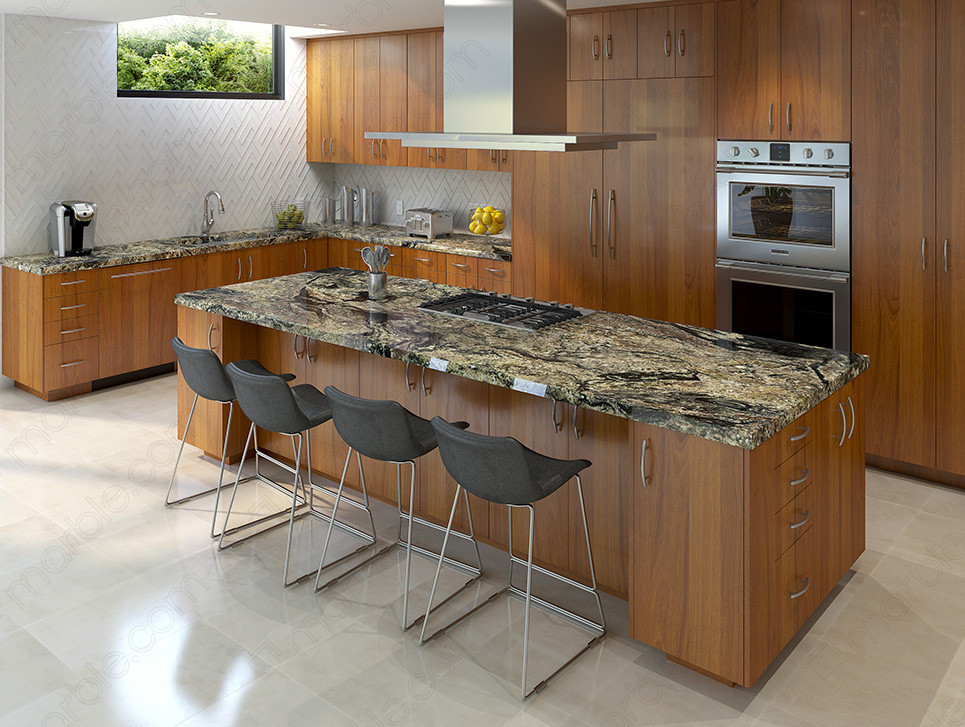 Woody kitchen with gold granite countertop